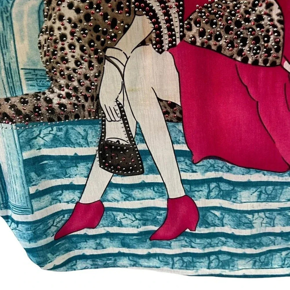 LP Rhinestone Studded Novelty Blouse XXL Woman Cheetah Building Ruched Stretch - Picture 10 of 15